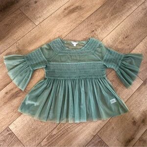 Women's Soft Tulle Forest Green Mesh‎ Smocked Babydoll Top Boho Cottagecore Sz M